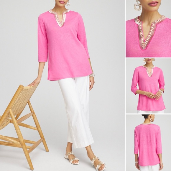 CHICO’S 100% Linen Embellished Beaded Tunic 3/4 Sleeve Split Neck Stretch Pink - Picture 1 of 15